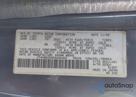 1989 Toyota Pickup 1/2 Ton Lng Wheelbase Dlx from USA, damaged, VIN JT4VN02DXK6000465